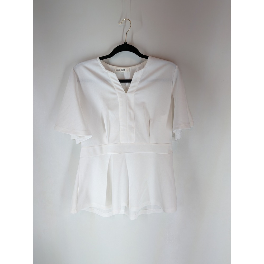 Grace Karin White Peplum Blouse Short Flutter Sleeve Notched V-Neck Top Large